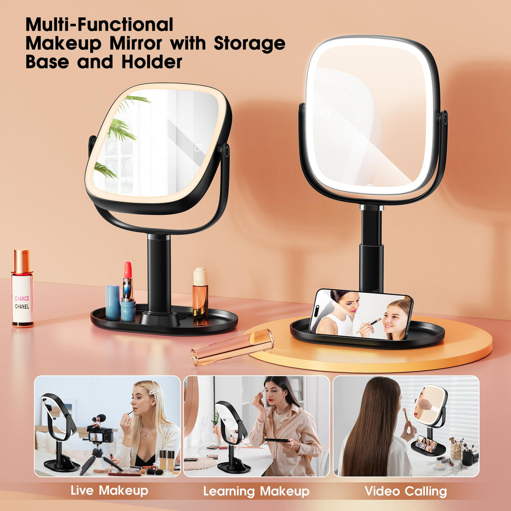 Horyliin makeup mirror with storage and phone stand keeps vanity organized.