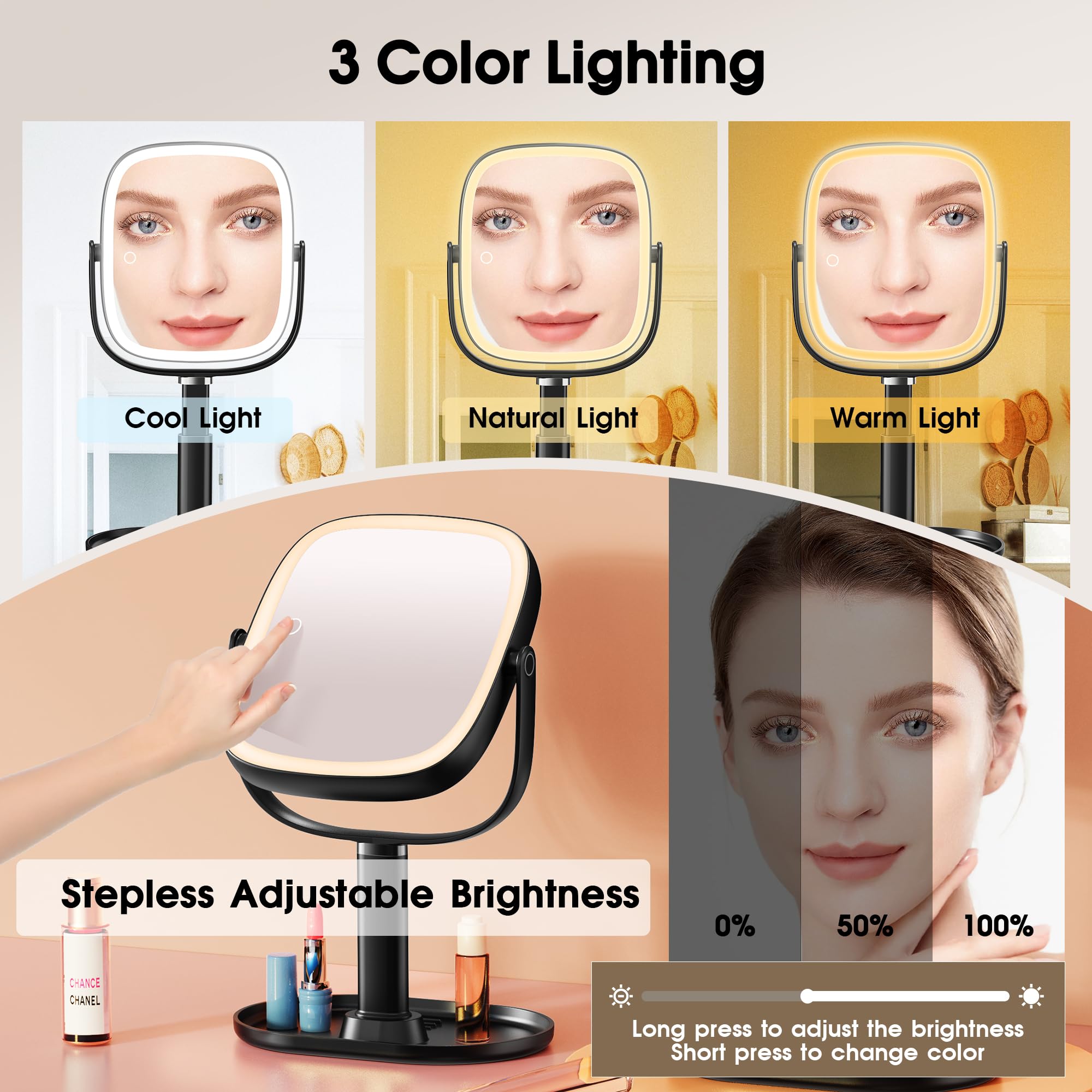 Horyliin makeup mirror USB-C rechargeable design with long-lasting power.