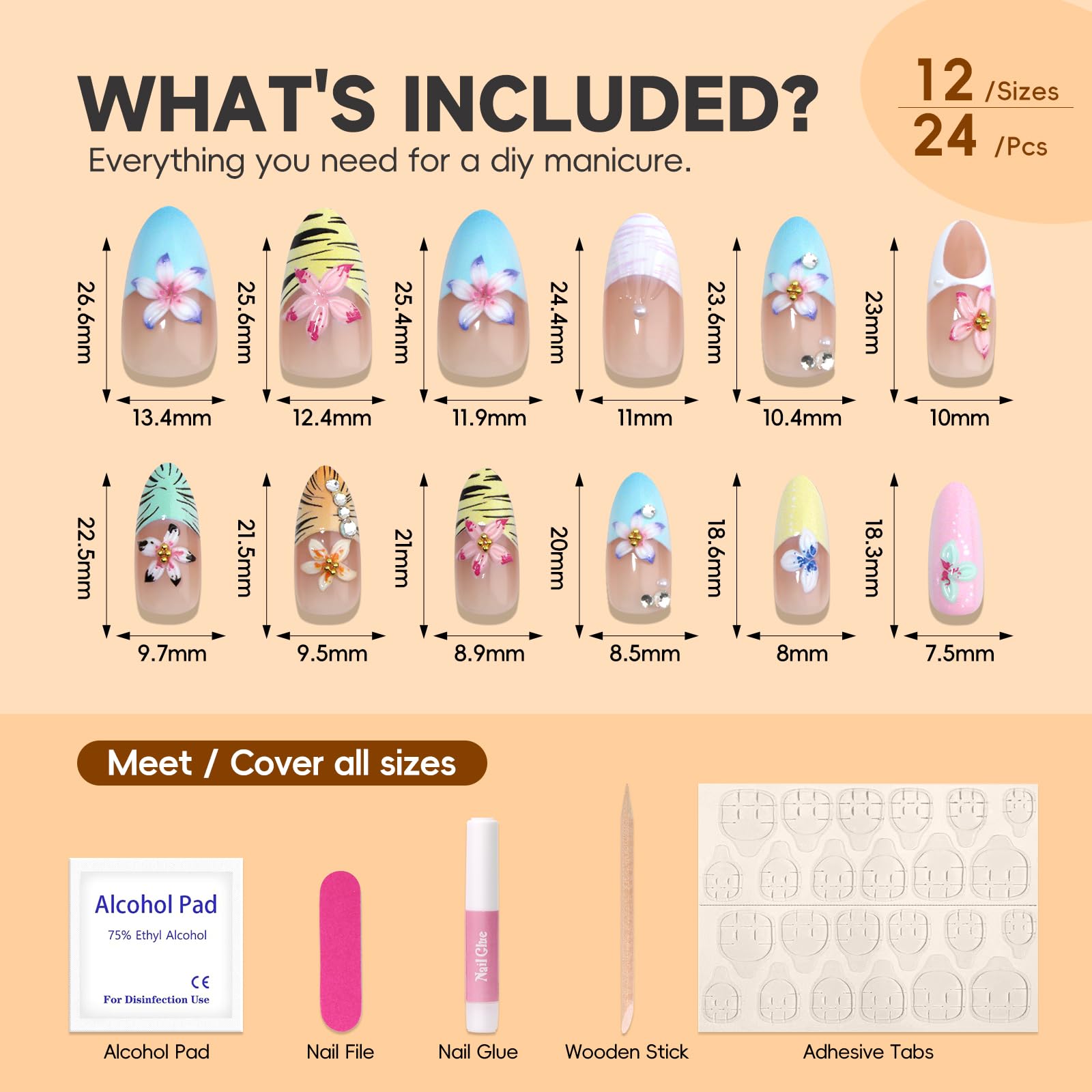 HOSAILY 24-piece nails with glue and tools for easy at-home application.