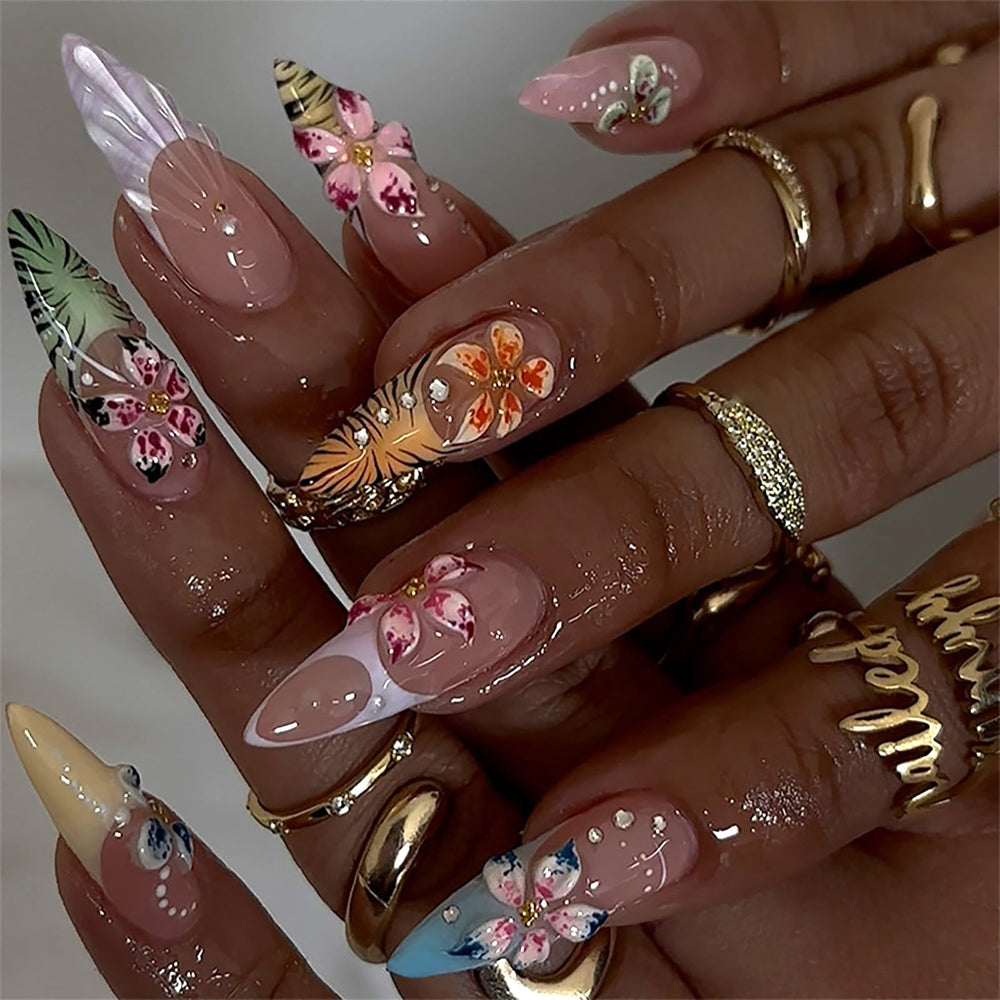 HOSAILY 3D colorful flower press-on nails in almond shape for a quick vibrant manicure.