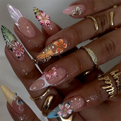 HOSAILY 3D colorful flower press-on nails in almond shape for a quick vibrant manicure.