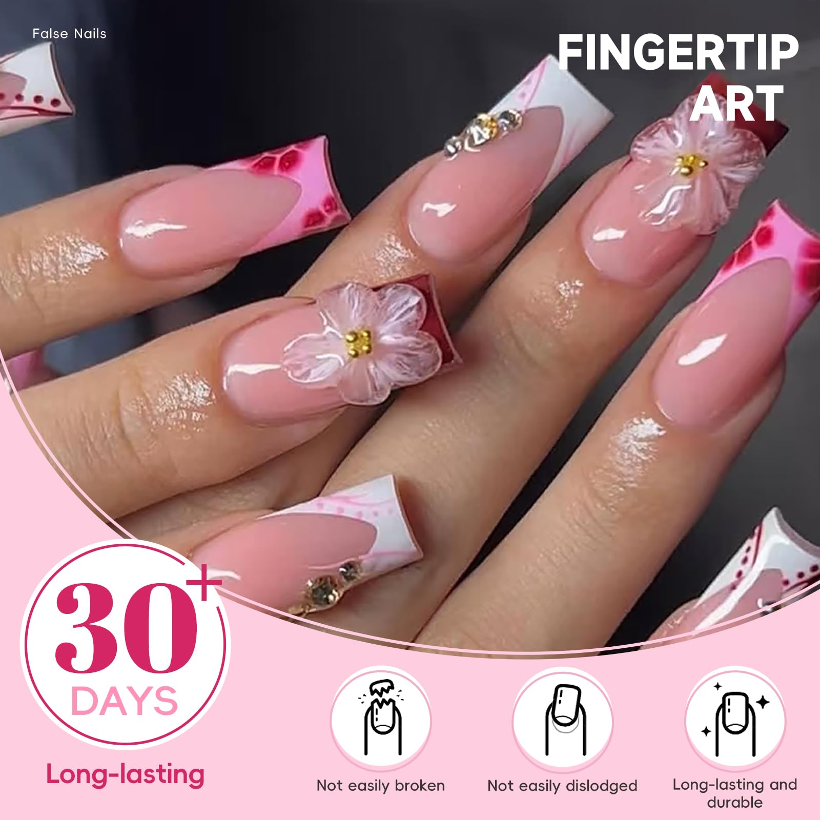 HOSAILY 3D Sakura pink nails on hand showing glossy full-cover finish