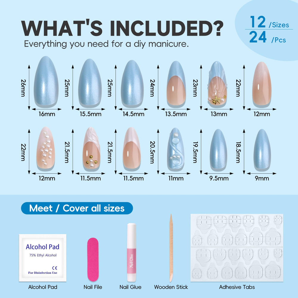 HOSAILY blue and white ombre shell star pearl designs close-up on glossy nails