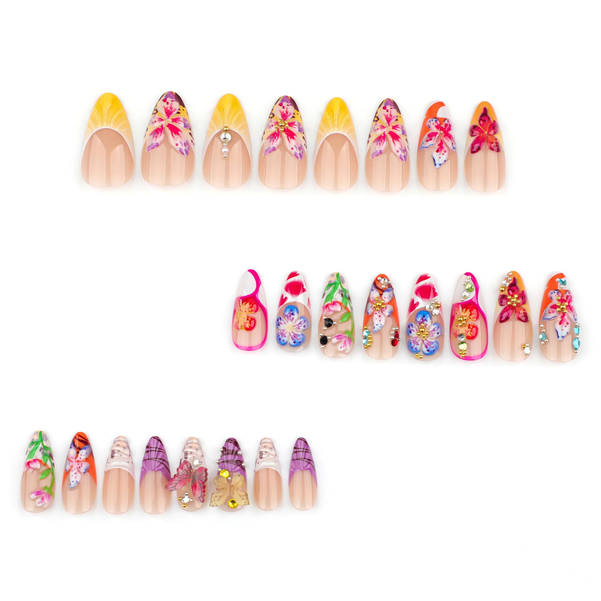 Hosaily colorful butterfly floral design press-on nails for vibrant summer style.