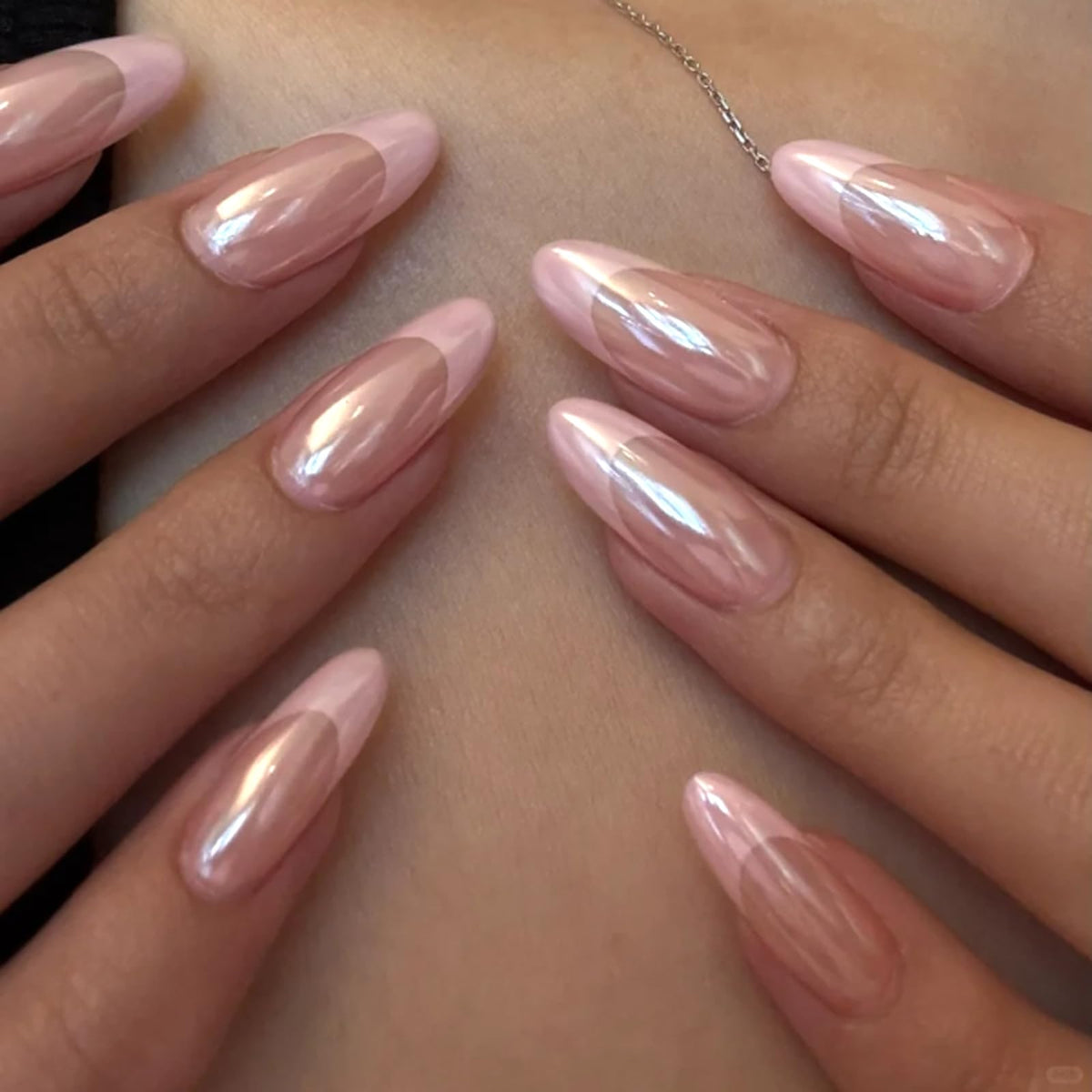HOSAILY pink-chrome French press on nails in medium almond for chic daily wear