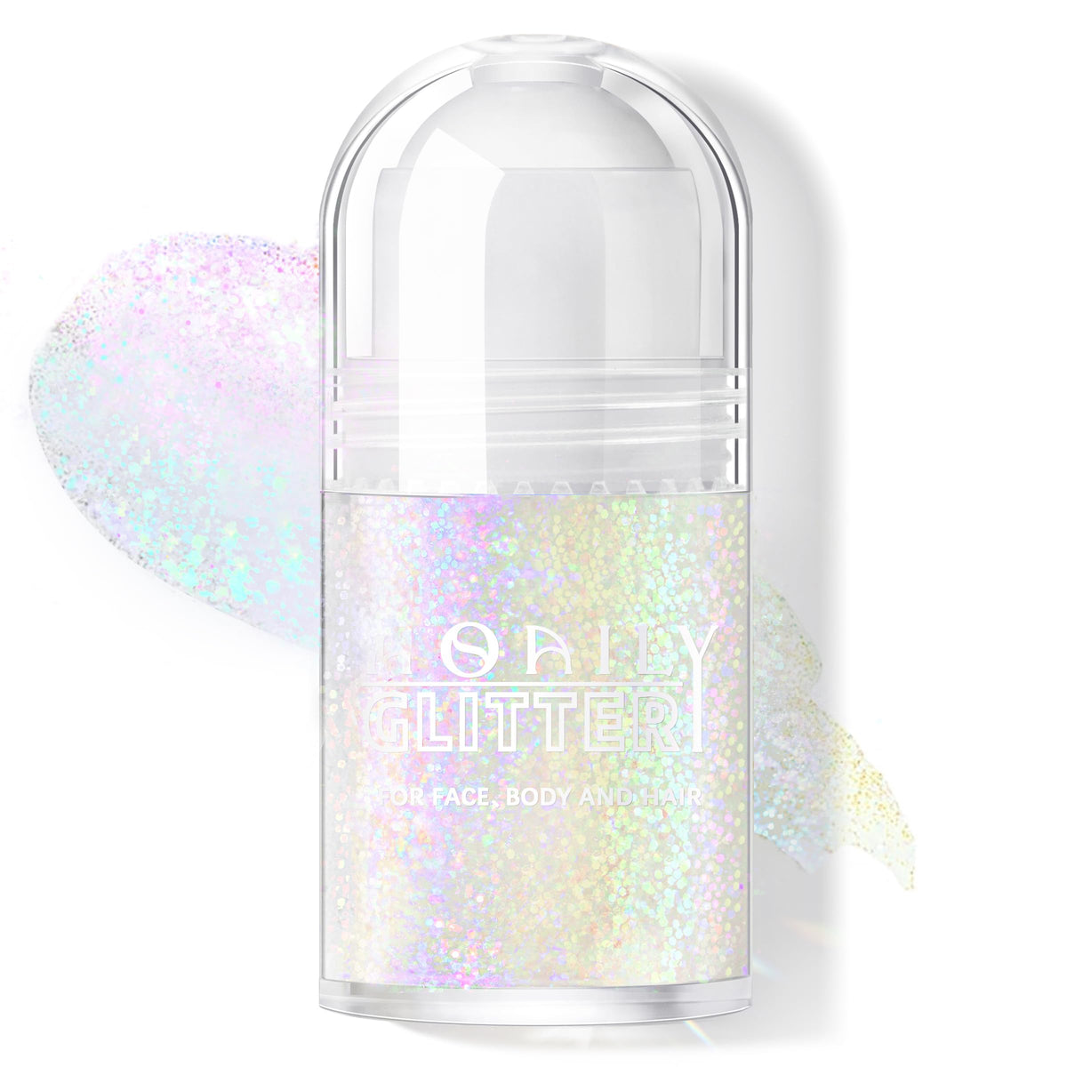 HOSAILY roll-on holographic glitter bottle closeup showing easy, mess-free application for party makeup