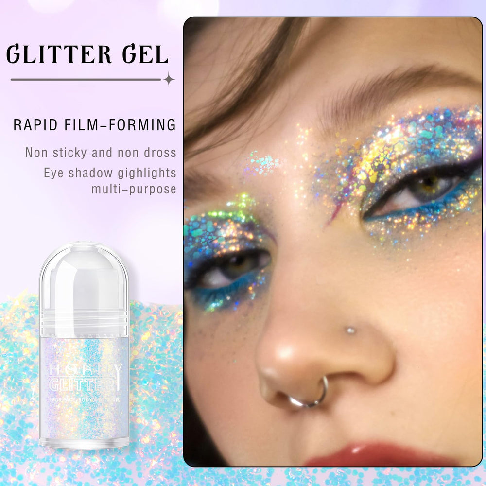 HOSAILY roll-on holographic glitter gel applied to hair for luminous shine