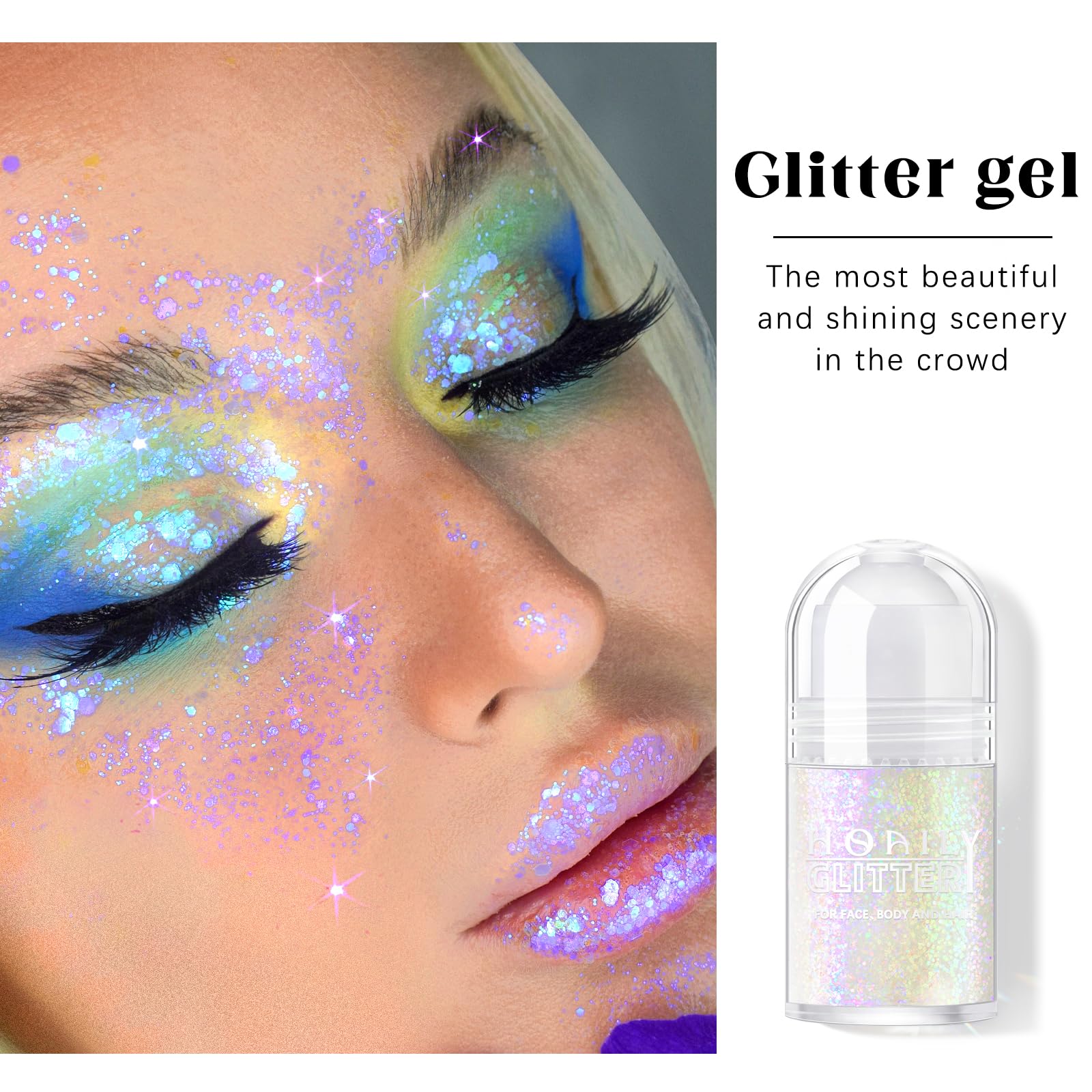 HOSAILY roll-on holographic glitter on face showcases bold color under lights
