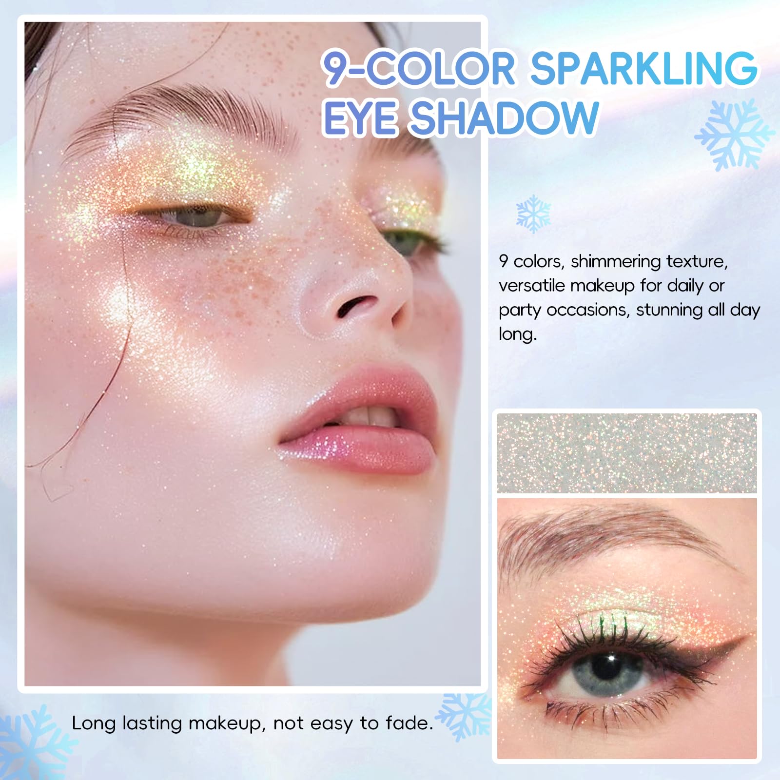 HOSAILY Snowflakes swatches 9 colors demonstrate bold sparkle for festive makeup.