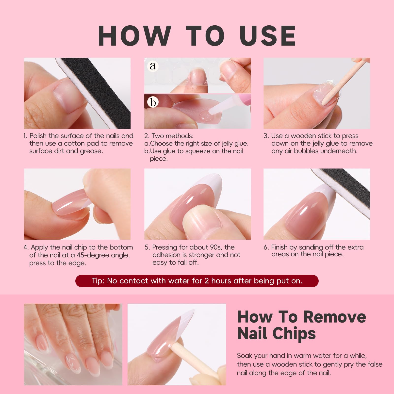 HOSAILY includes glue and tools for easy at-home manicure.