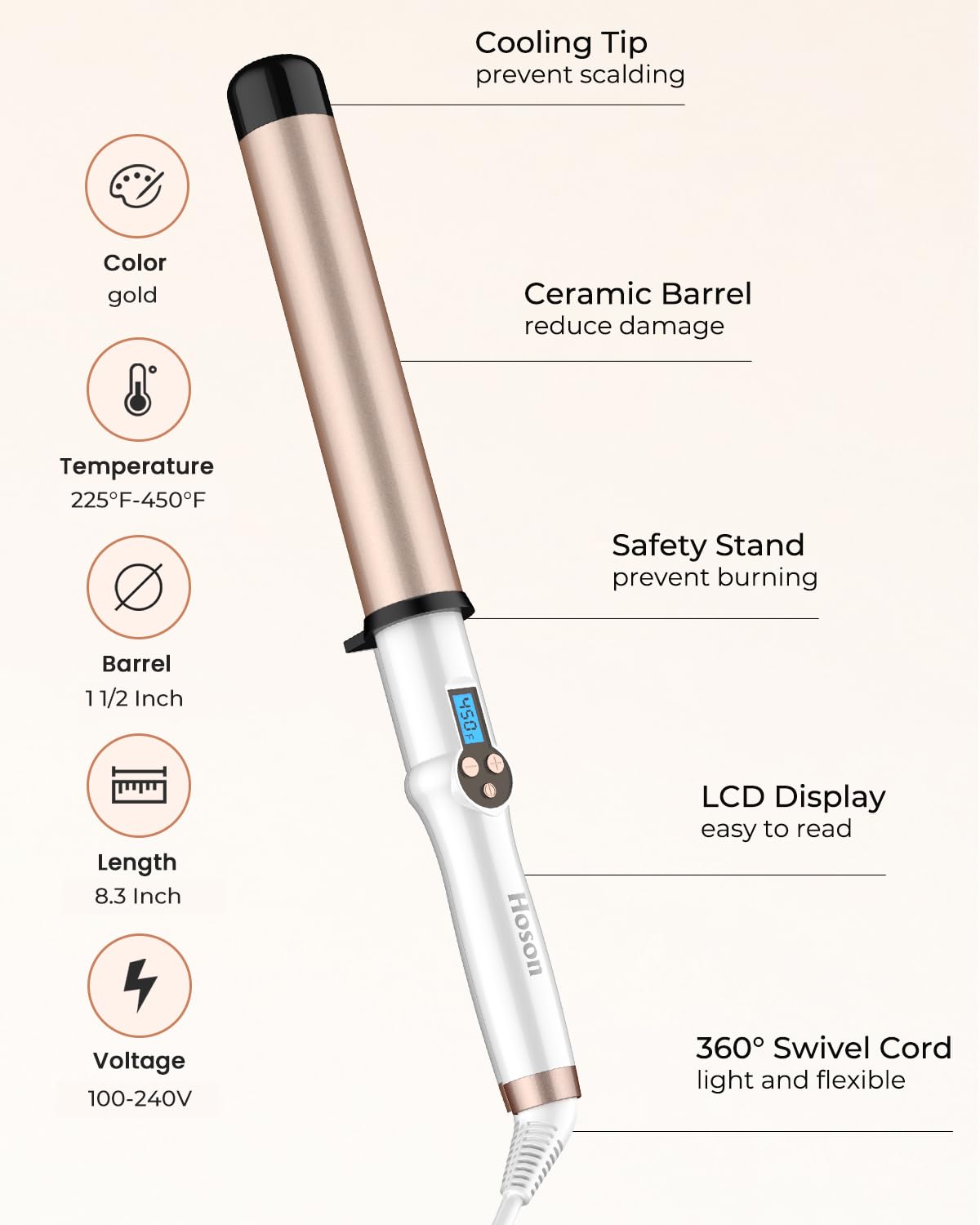Hoson curling iron ergonomic design with a 6.6 ft swivel cord for comfort.