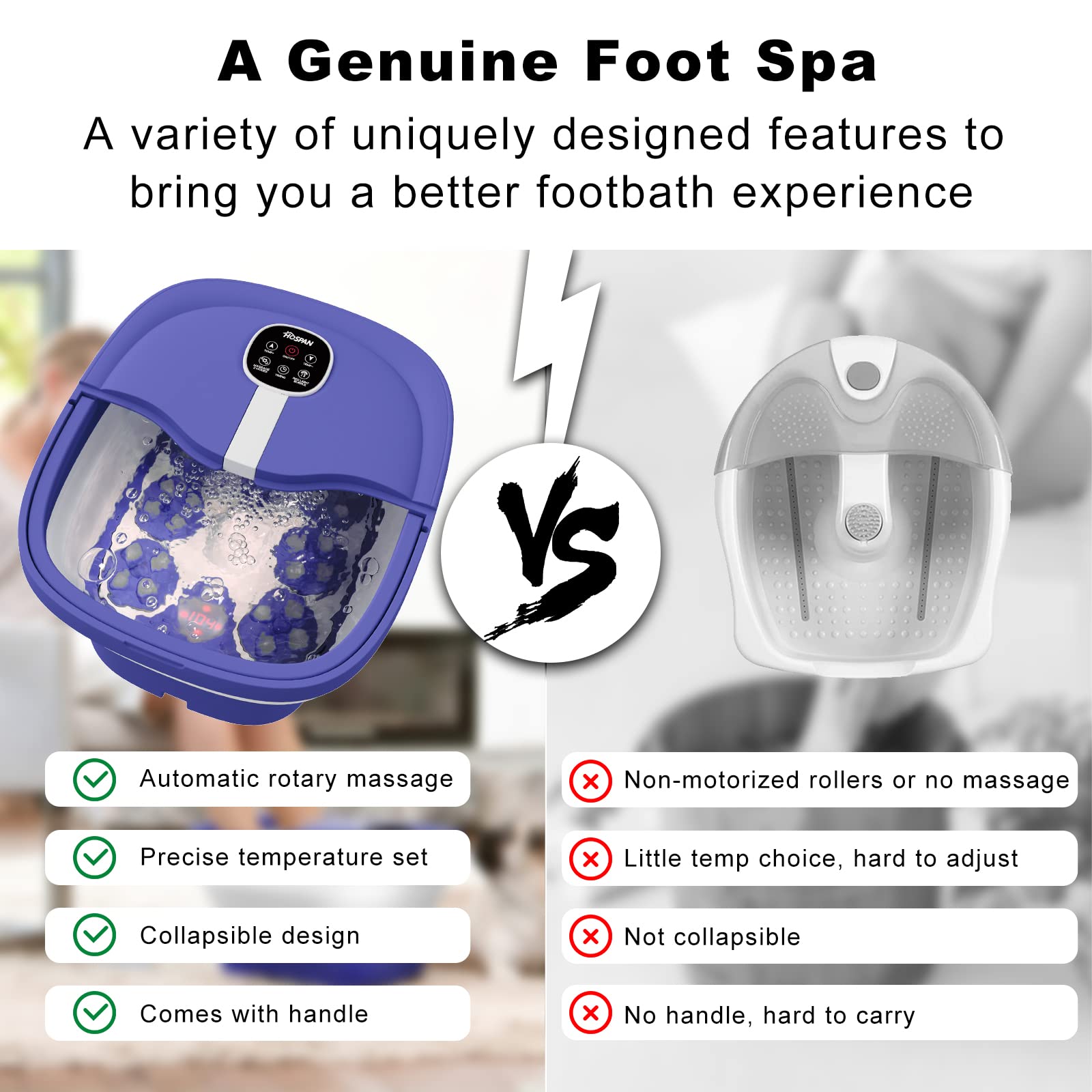 HOSPAN collapsible foot spa remote control shown for hands-free operation.