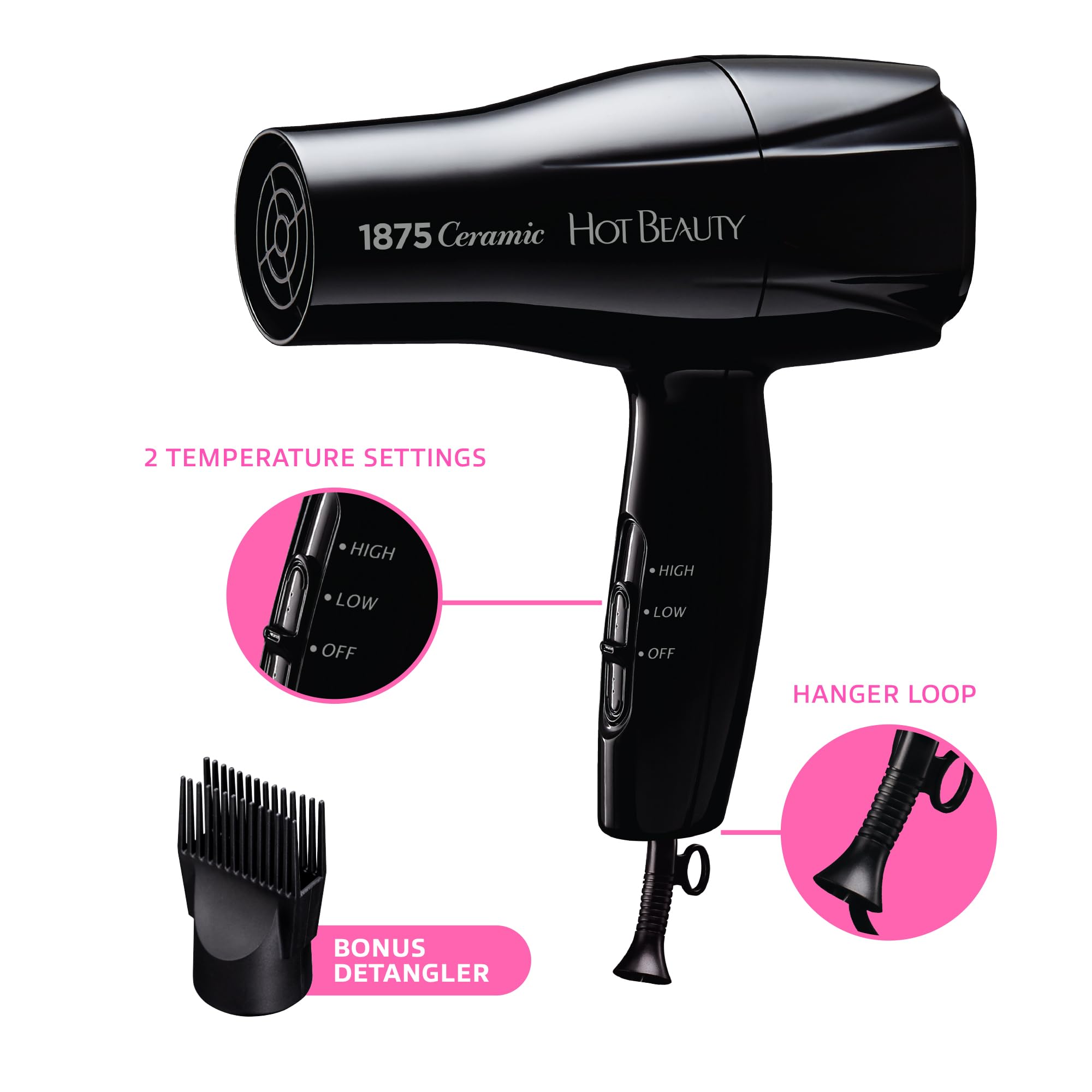 Hot Beauty 1875 Ceramic Hair Dryer with attachments for versatile styling options.