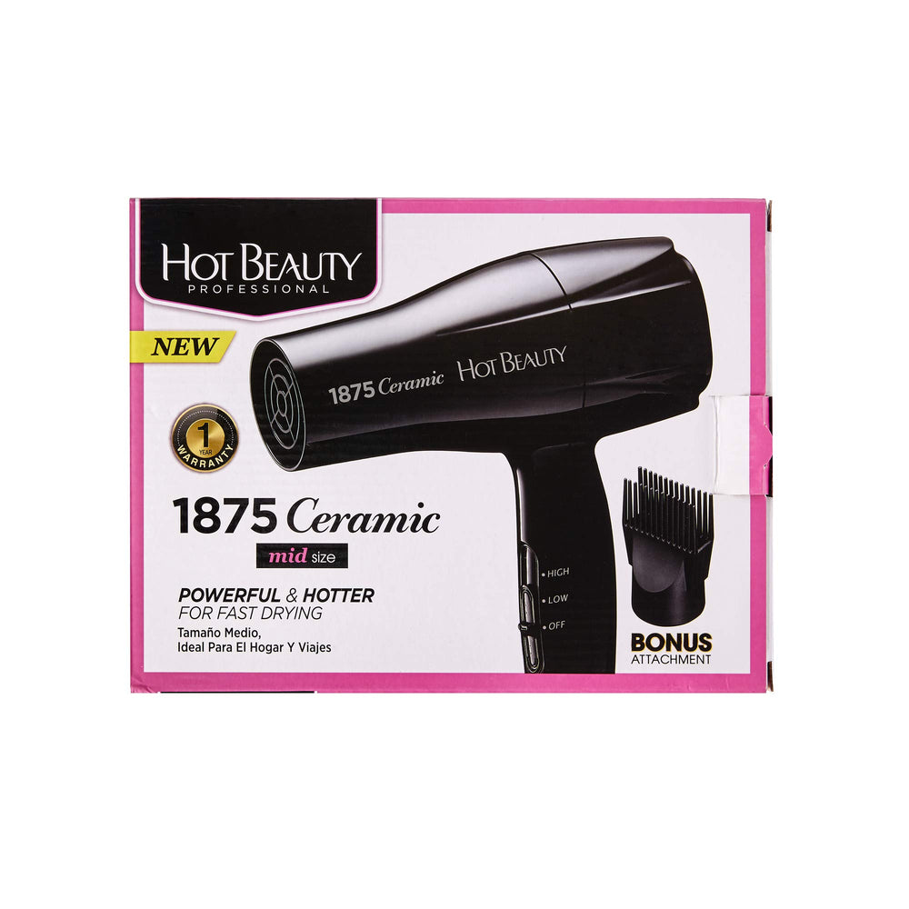 Hot Beauty 1875 Ceramic Hair Dryer compact design, travel-friendly for on-the-go.