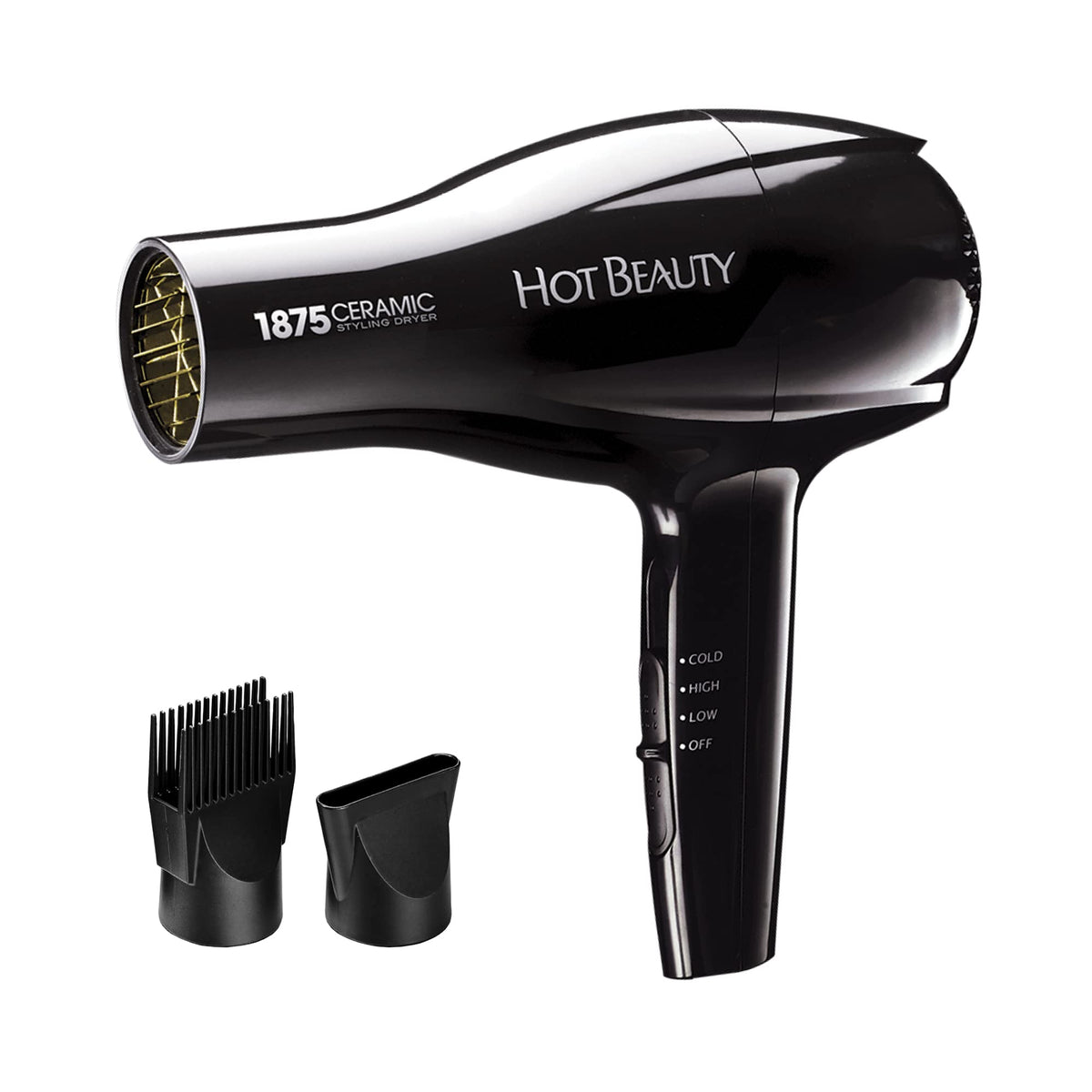 Hot Beauty 1875 Ceramic Styler dryer front view highlighting compact travel-ready design for on-the-go styling