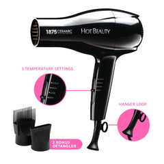 Hot Beauty 1875 Ceramic Styler close-up, ionic technology reduces frizz for shiny, manageable hair