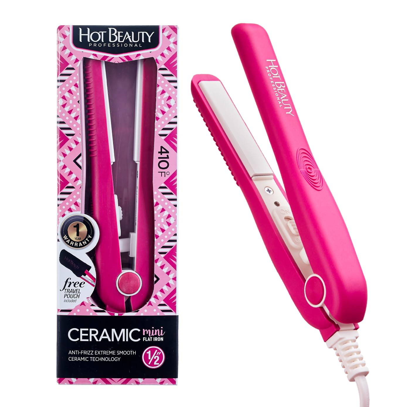 Hot Beauty Mini Flat Iron pink close-up shows ceramic plates for smooth frizz-free styling