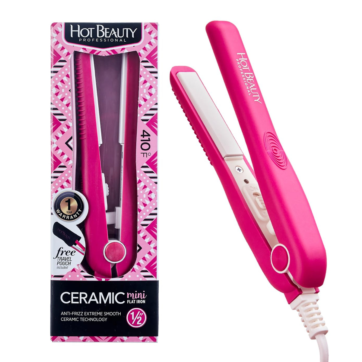 Hot Beauty Mini Flat Iron pink close-up shows ceramic plates for smooth frizz-free styling