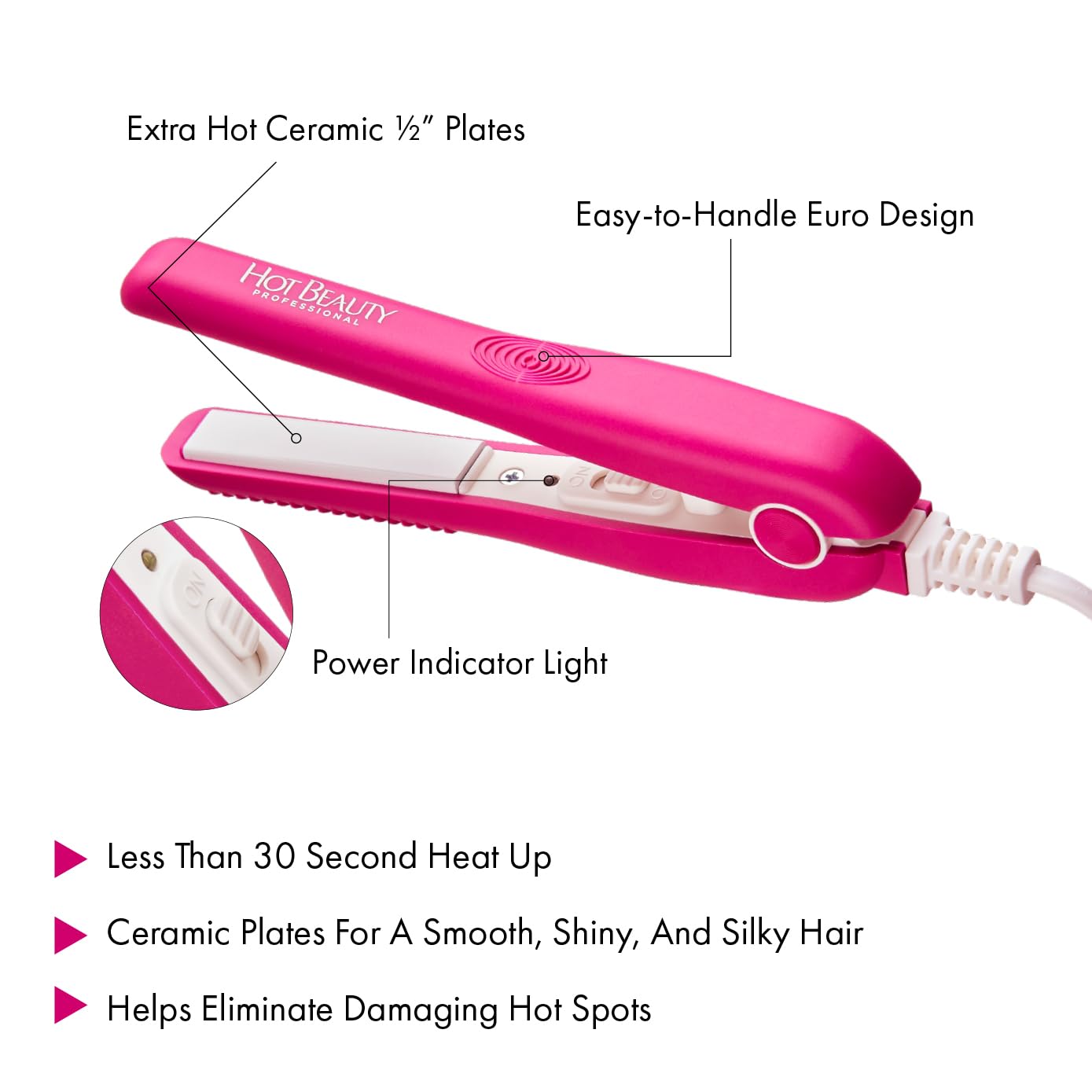 Hot Beauty Mini Flat Iron pink with heat plates highlighting even heat distribution