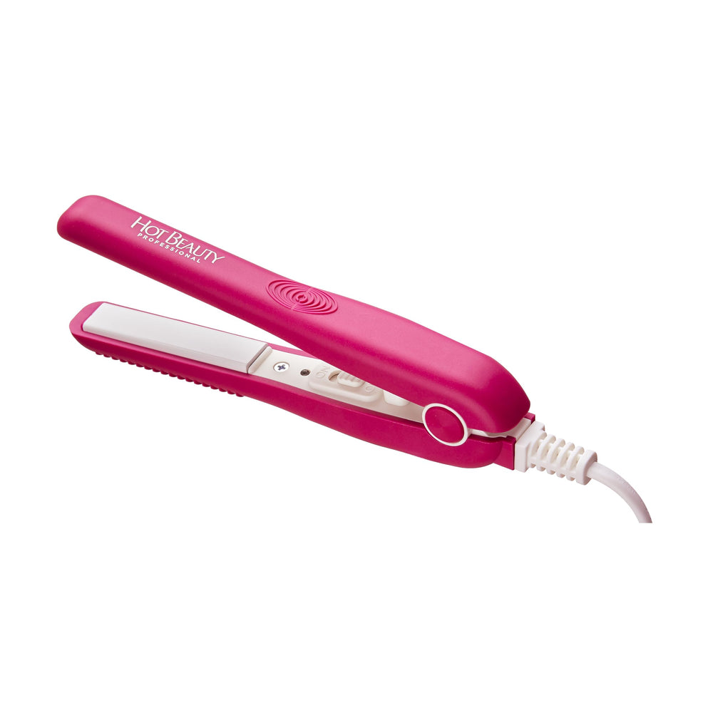 Hot Beauty Mini Flat Iron pink packaging and accessories close-up