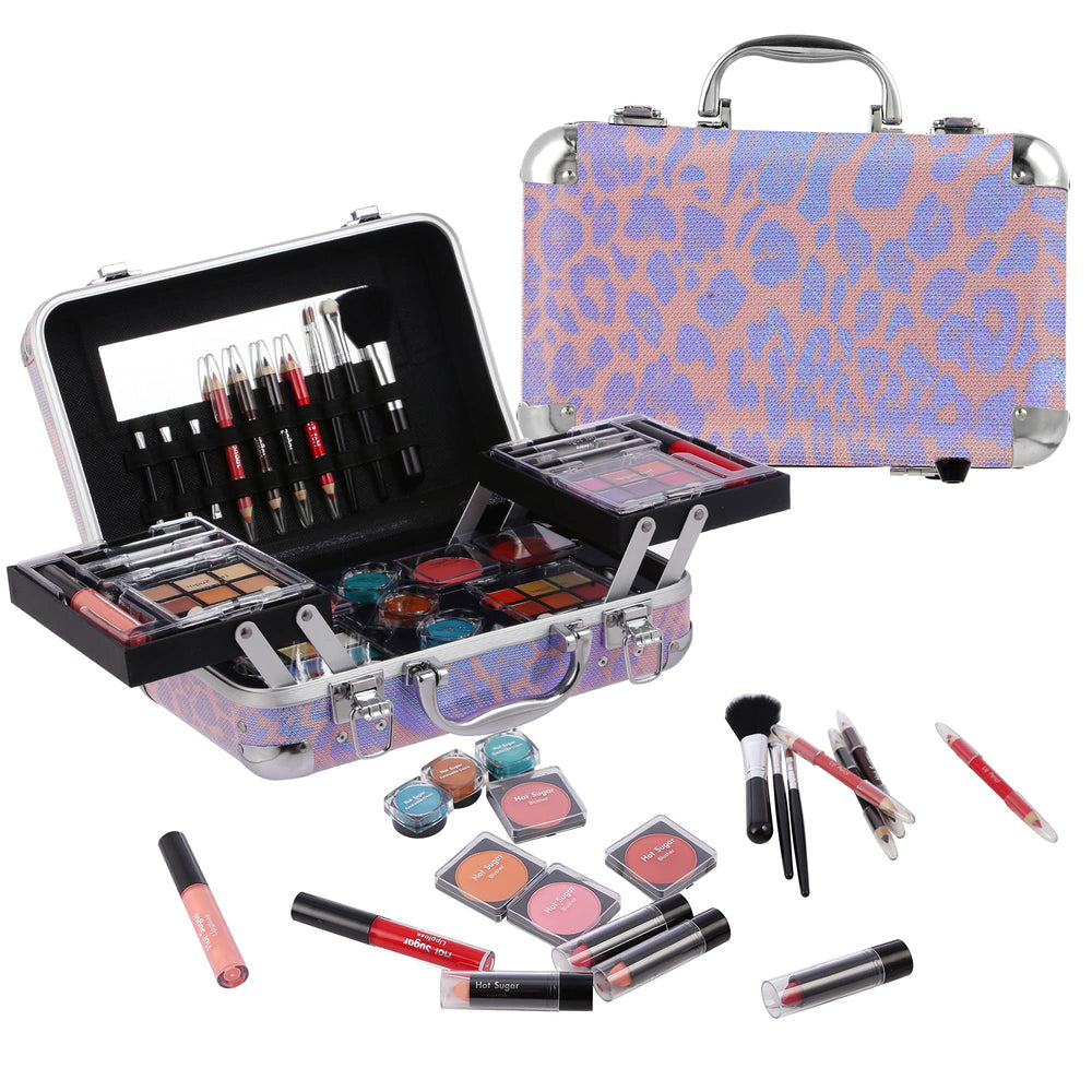 Hot Sugar all-in-one makeup set pink leopard case for travel and party touch-ups