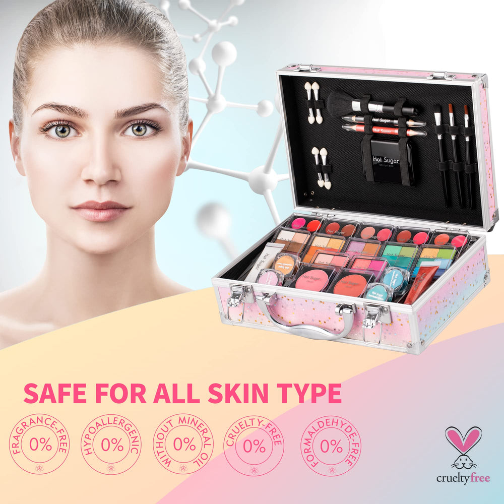 Hot Sugar brushes in a rainbow case enable easy, on-the-go touch-ups.