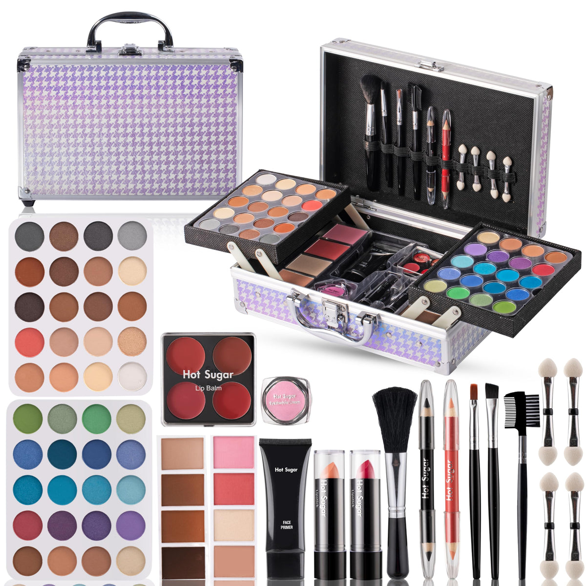 Hot Sugar makeup kit purple case open, organized beginner-friendly makeup for aspiring looks