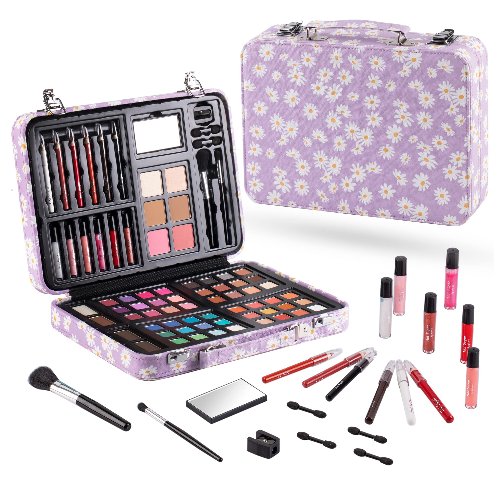 Hot Sugar makeup kit purple daisy train case provides sturdy storage for beginners.