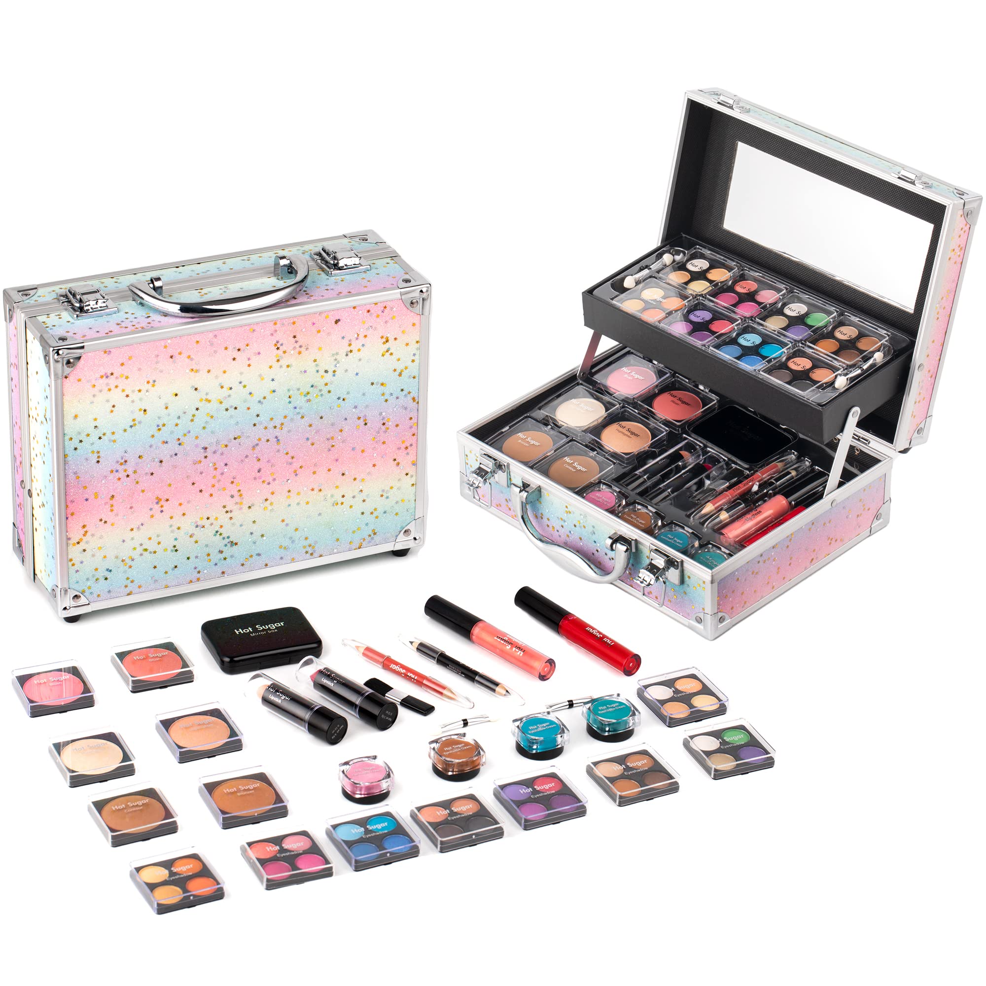 Hot Sugar makeup kit rainbow train case full set on display for easy travel storage.