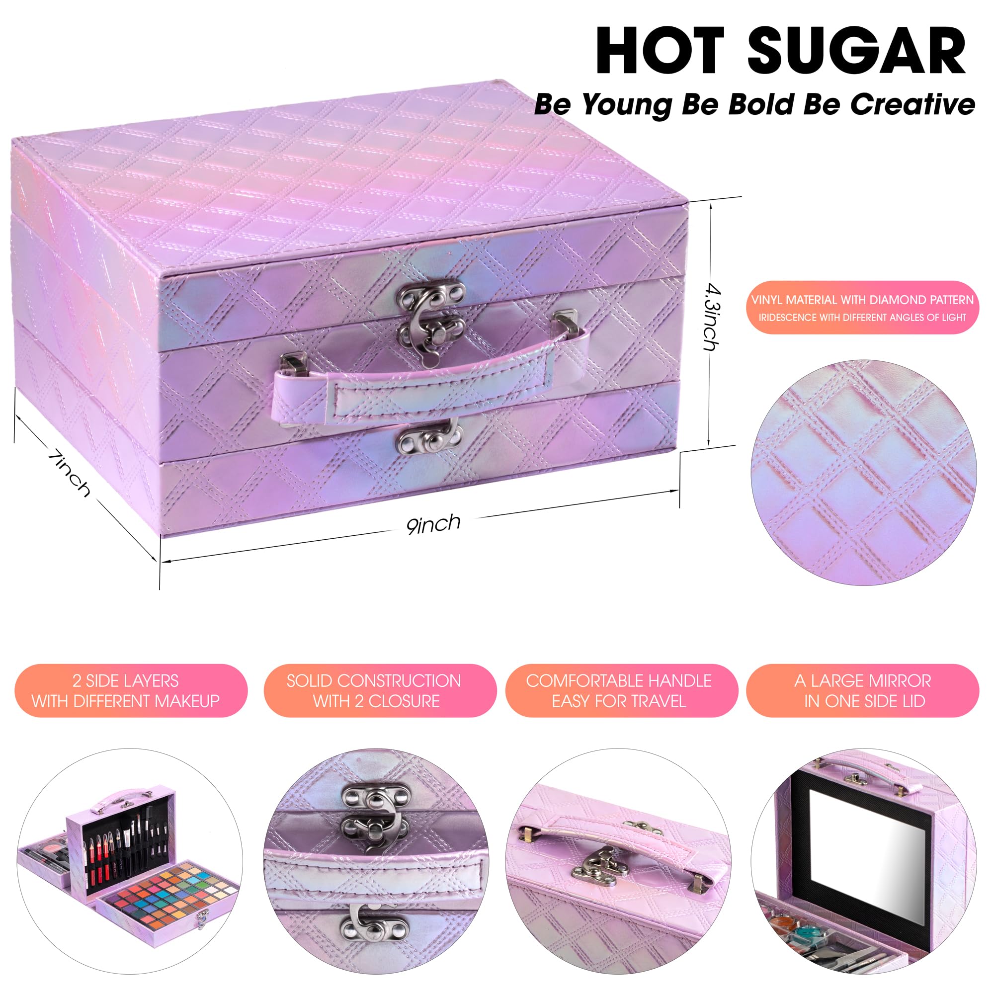 Hot Sugar train-case with diamond pattern showcases durable, reusable makeup storage.
