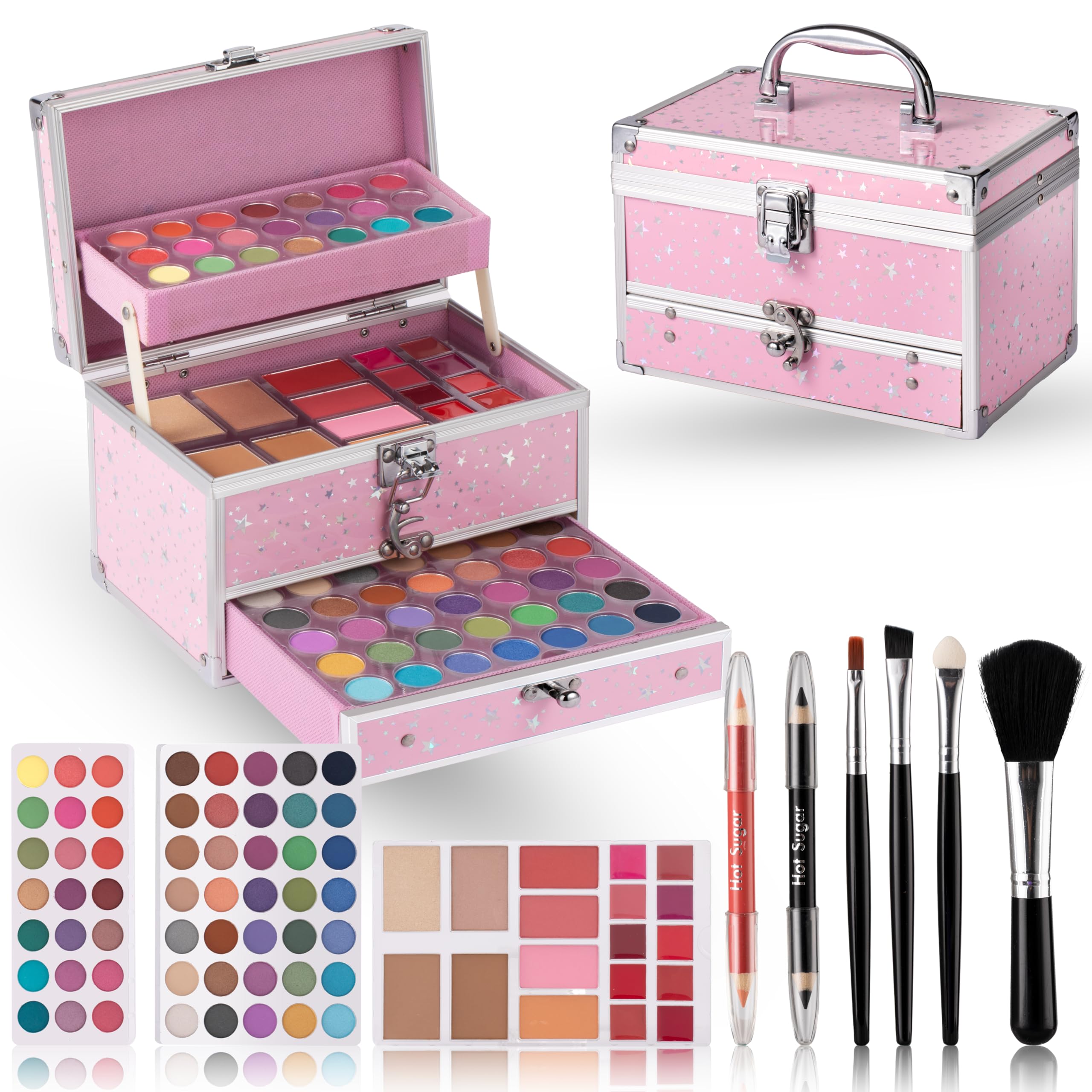Hot Sugar teens makeup kit train case open shows organized storage for on-the-go makeup sessions.