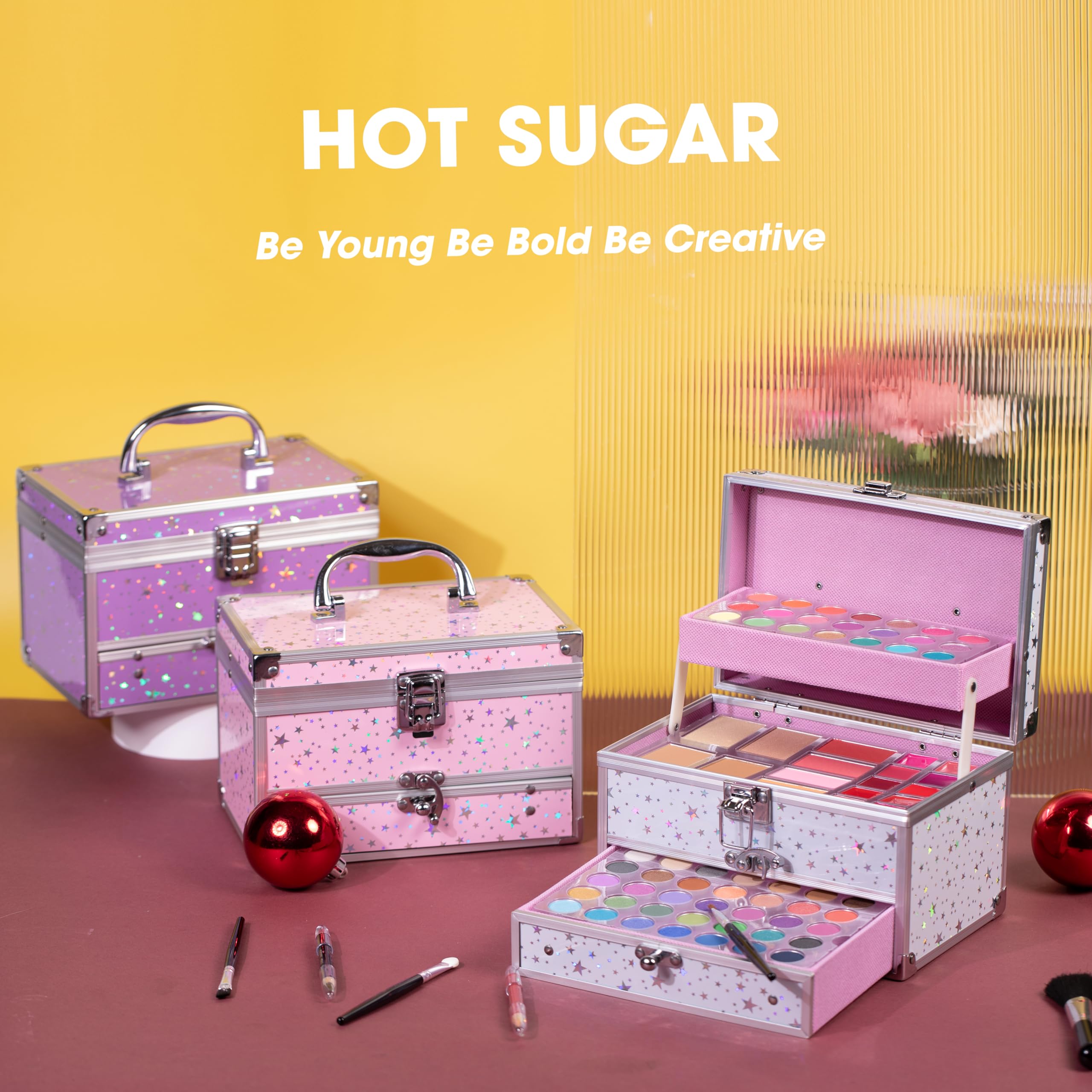 Hot Sugar train case top view displays sturdy handle for easy carrying to events.