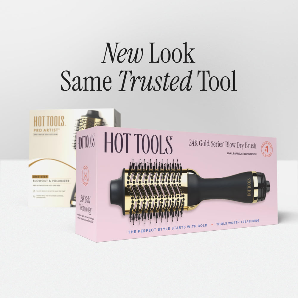 HOT TOOLS 24K Gold Charcoal One-Step Styler packaging on display with tools and accessories.