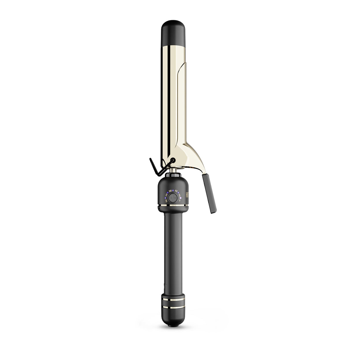 Hot Tools 24K Gold extended-barrel curling iron close-up highlighting even heat for long-lasting curls.
