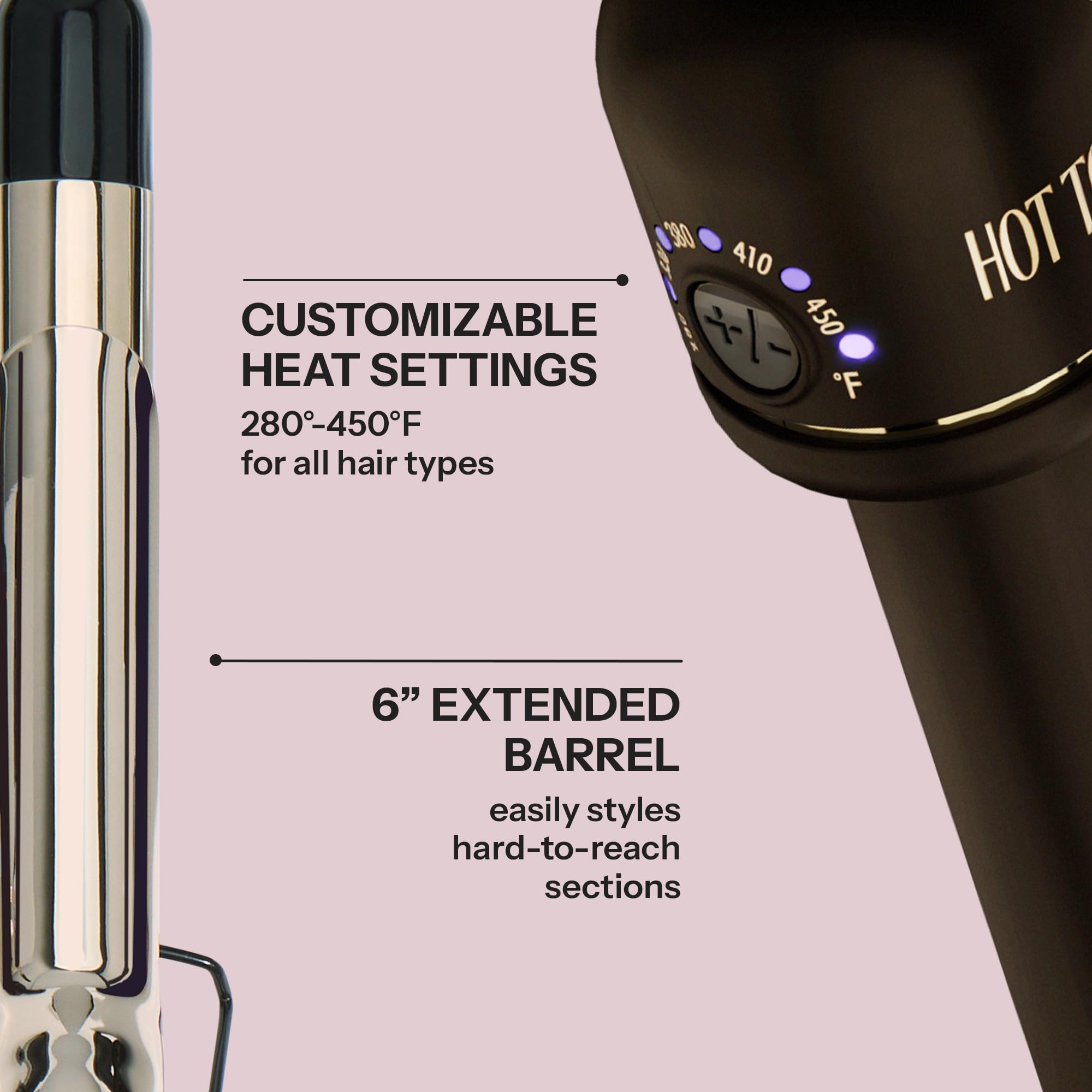 Hot Tools extended-barrel iron in use illustrating effortless wrap for smooth tousled curls.