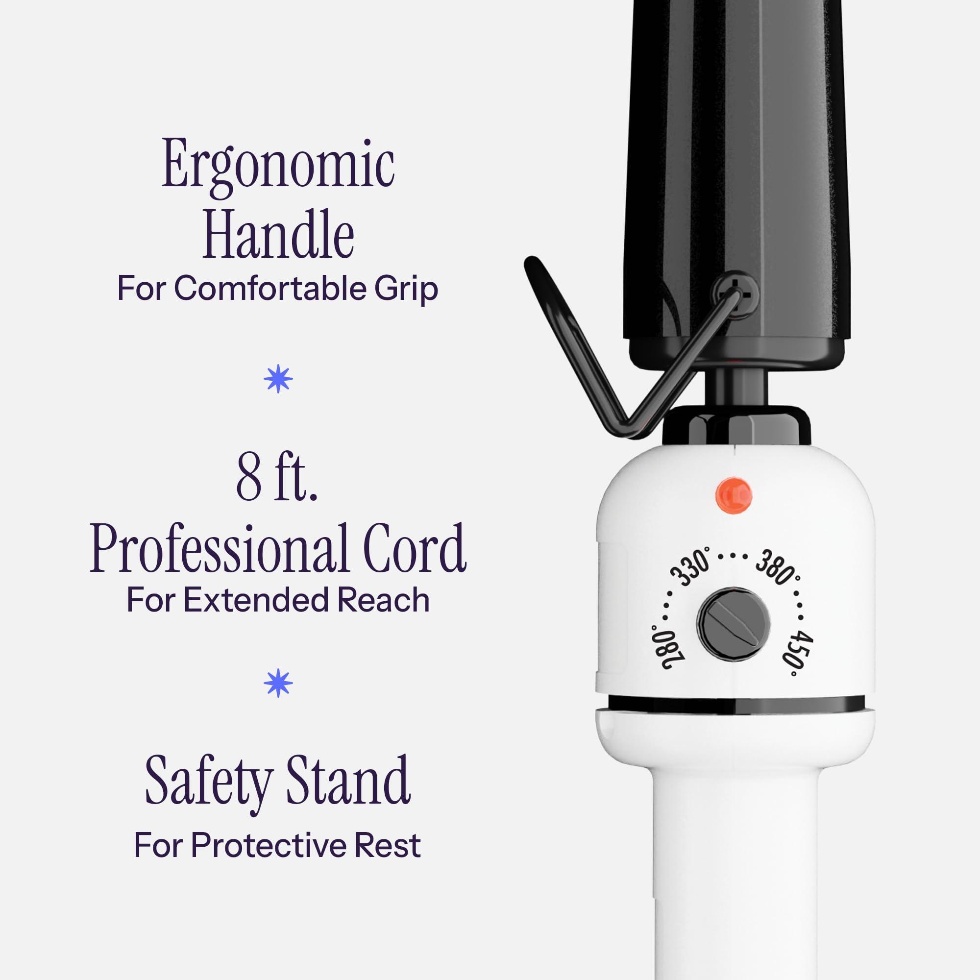 Hot Tools curling iron with extra-long cool tip for finger protection.