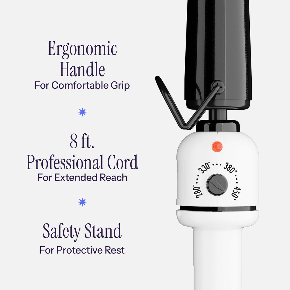 Hot Tools curling iron with extra-long cool tip for finger protection.