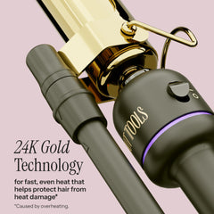 HOT TOOLS 24K Gold Marcel iron heat conductor graphic demonstrates quick, even styling.