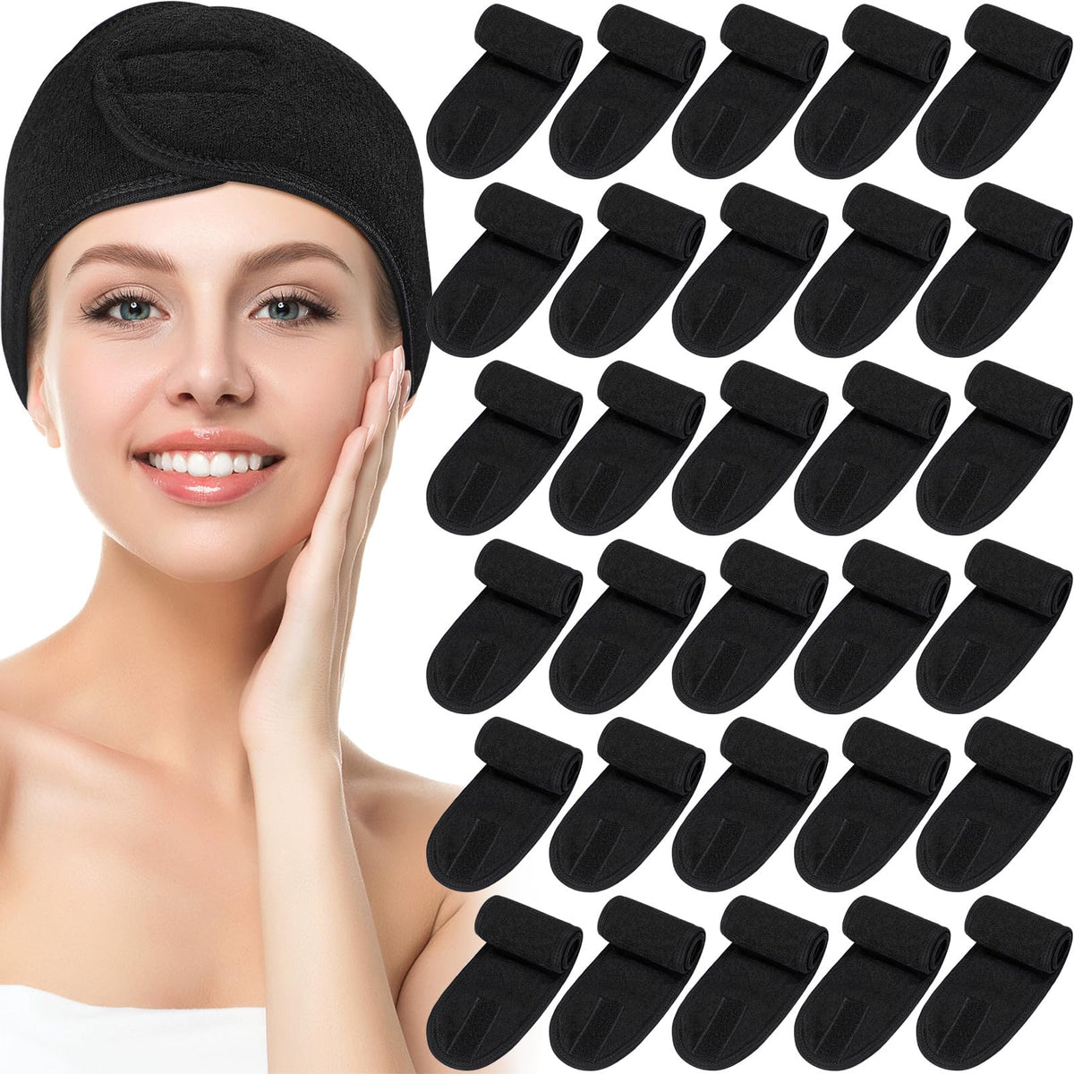 Hoteam 30-pack spa headbands laid flat showing soft black polyester for comfortable daily use