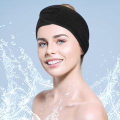 Hoteam spa headband on model, adjustable hook-and-loop strap for a secure fit