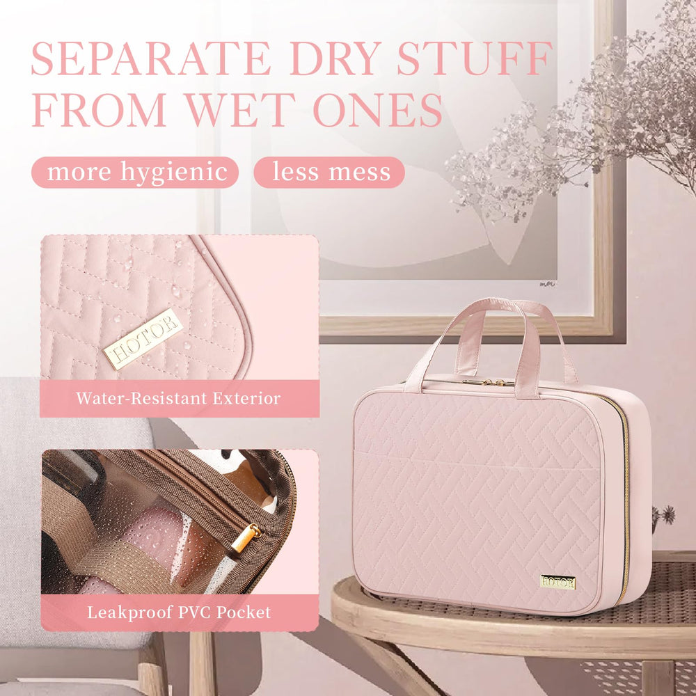 HOTOR pale pink travel bag doubles as a makeup organizer for trips.