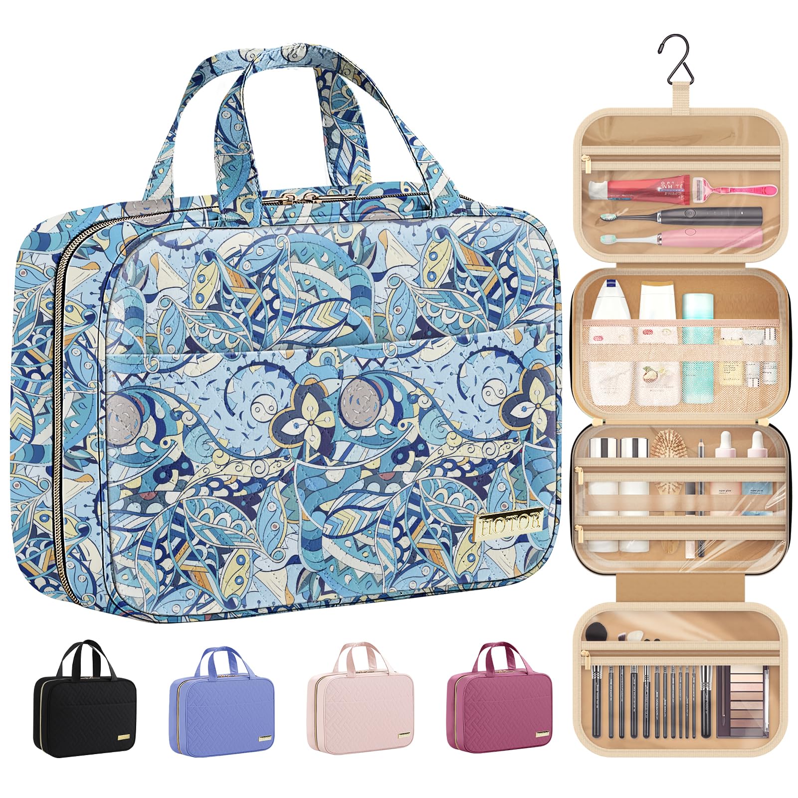 HOTOR travel toiletry bag blue paisley side view with organized compartments for toiletries
