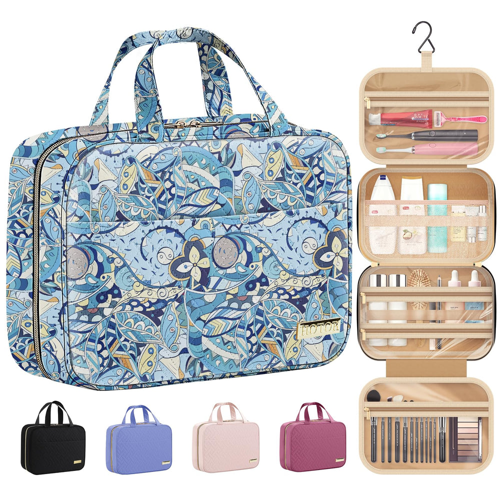 HOTOR travel toiletry bag blue paisley side view with organized compartments for toiletries
