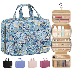 HOTOR travel toiletry bag blue paisley side view with organized compartments for toiletries