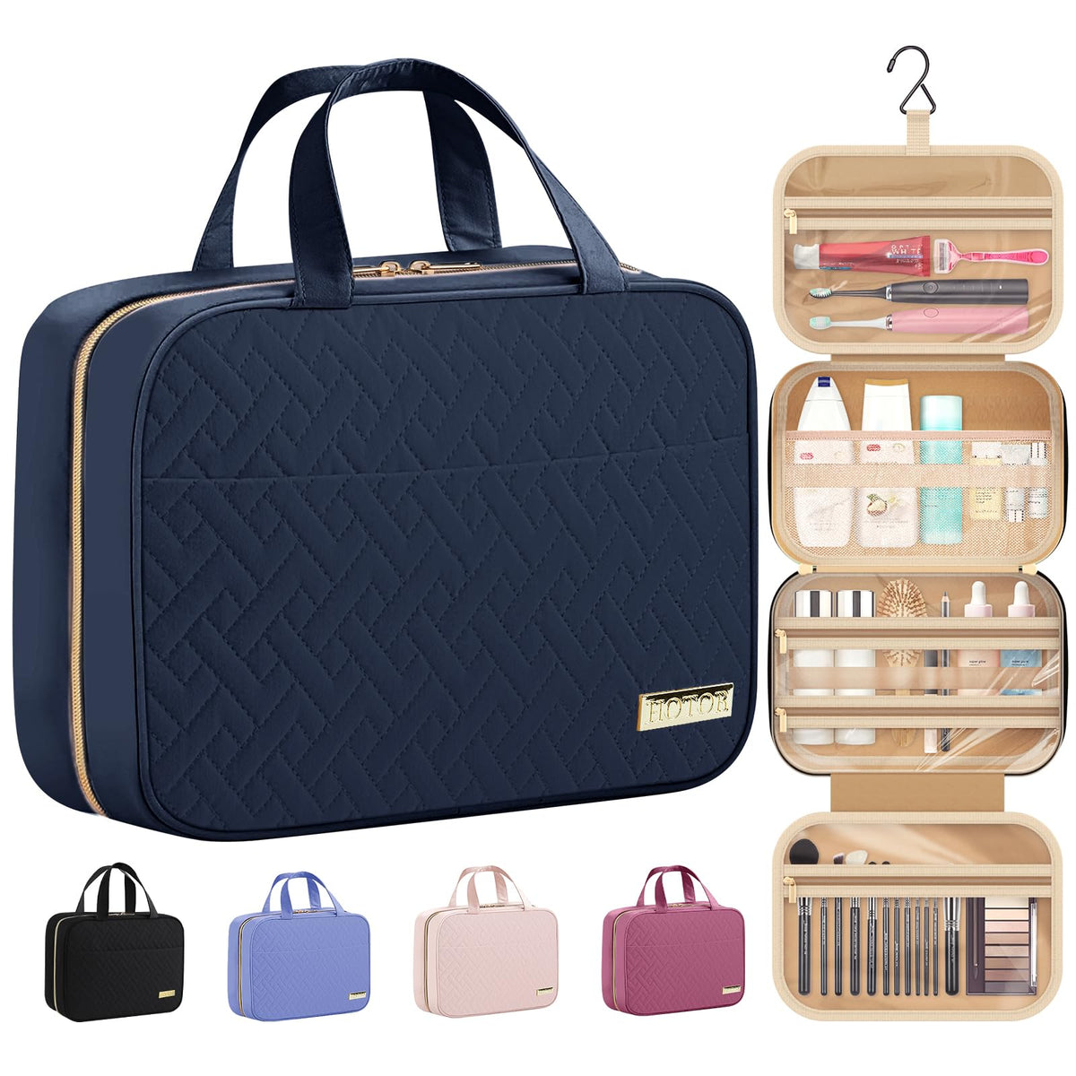 HOTOR travel toiletry bag closed for compact packing and easy portability on trips.