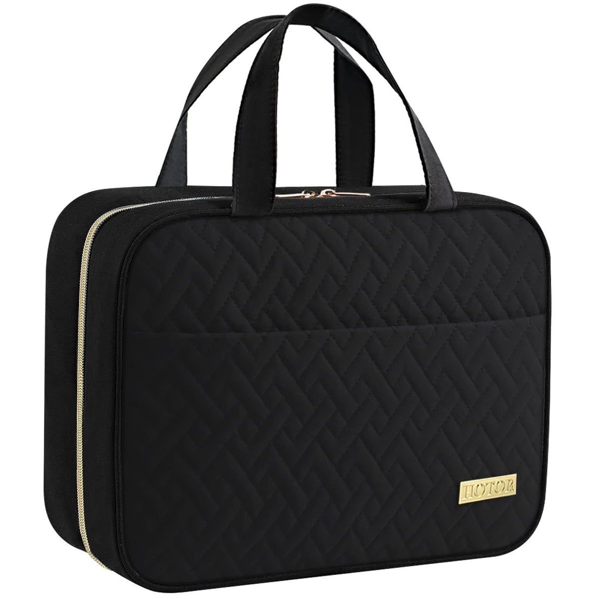 HOTOR travel toiletry bag hanging on hook with organized compartments for travel essentials.
