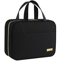 HOTOR travel toiletry bag hanging on hook with organized compartments for travel essentials.