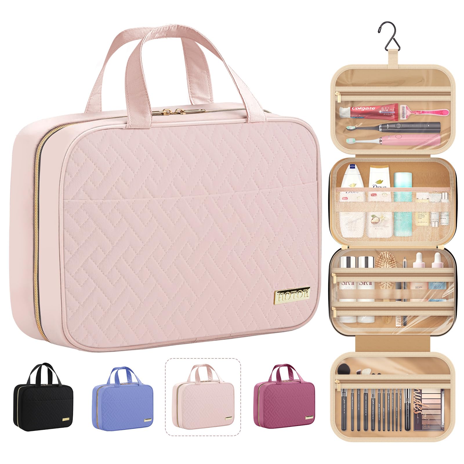 HOTOR Travel Toiletry Bag hanging on hook for easy access on trips.