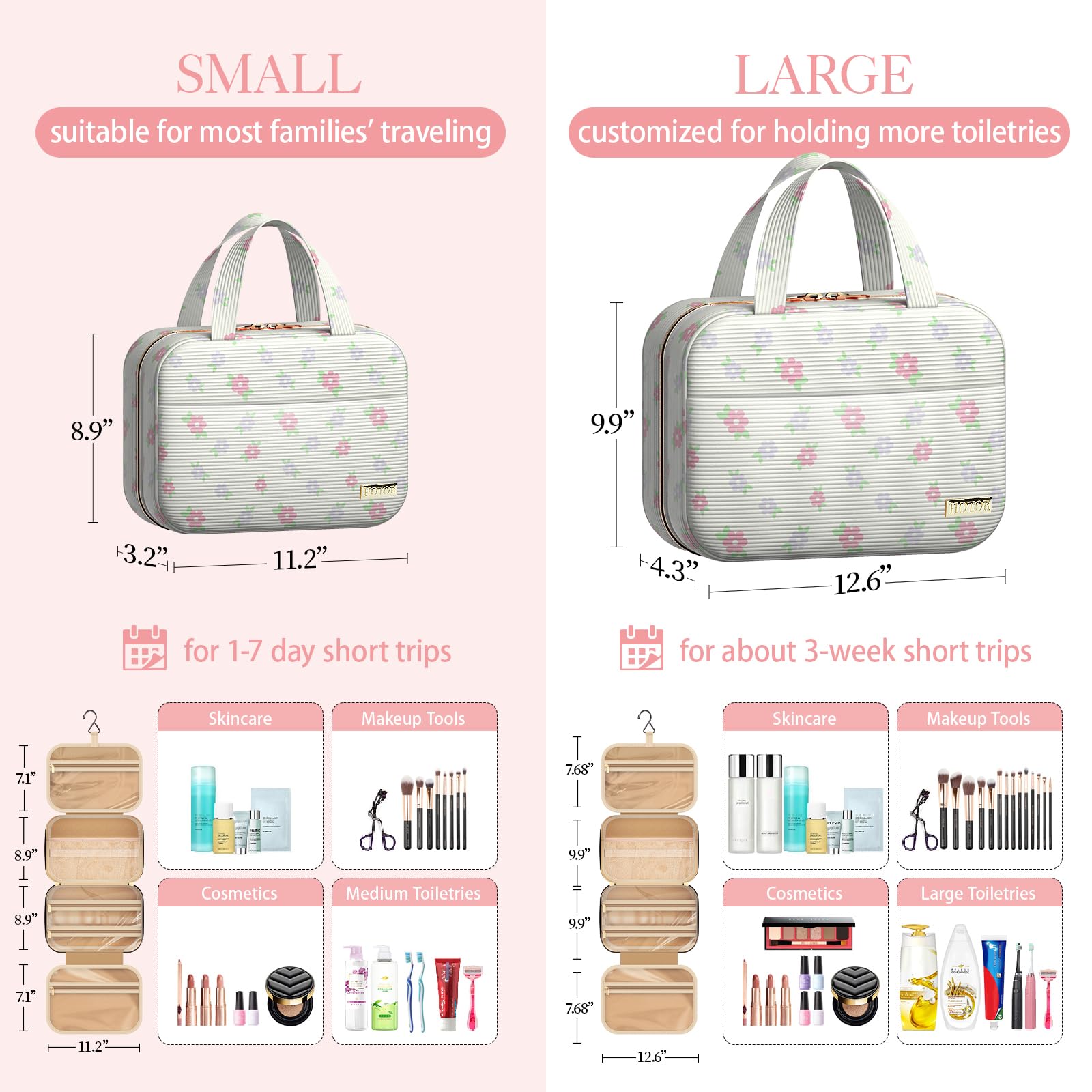 HOTOR toiletry bag opened to show compartments for organized packing on the go.