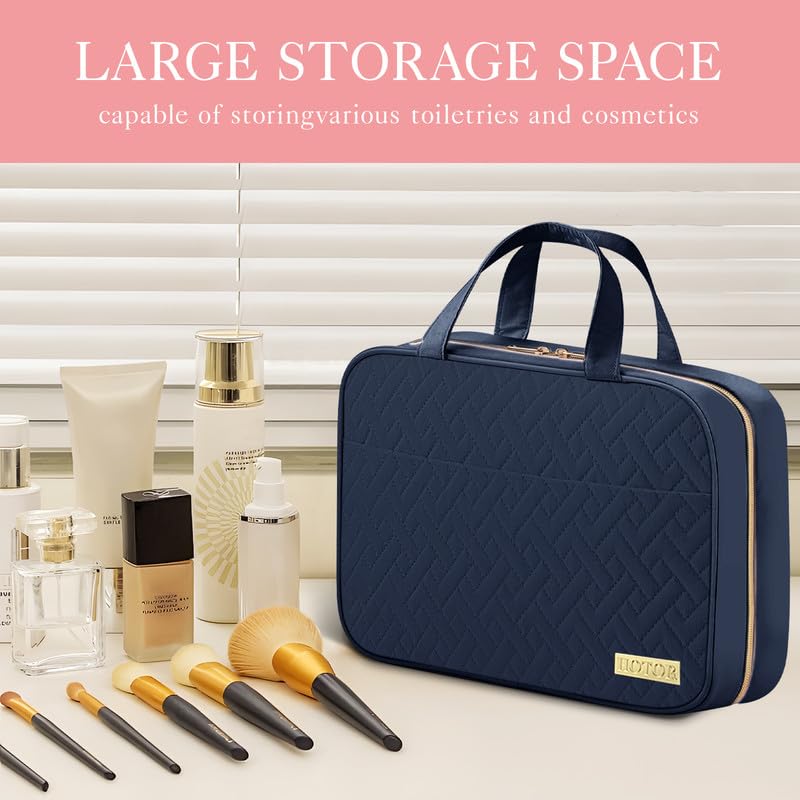 HOTOR travel toiletry bag open showing organized compartments for makeup and toiletries.